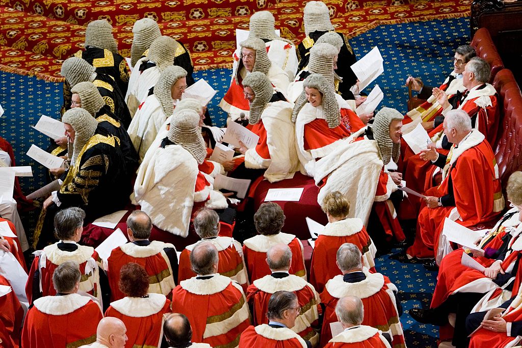 Law lords and members of House of Lords in wigs and robes at State Opening of Parliament, House of Lords
