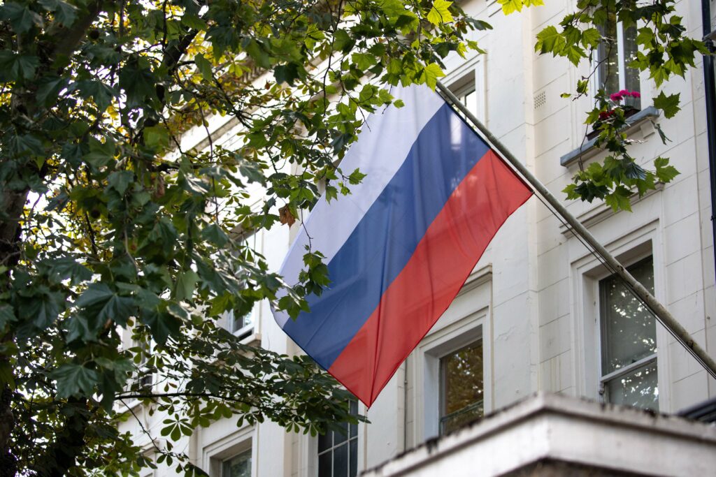 The Russian flag outside the embassy building in London